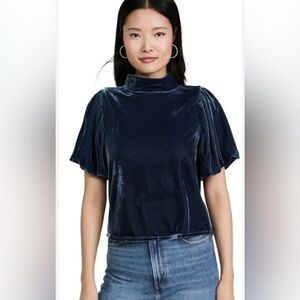 Free People Womens Claudia Velvet Mock Neck Top  Puff Sleeve Blue Size Large